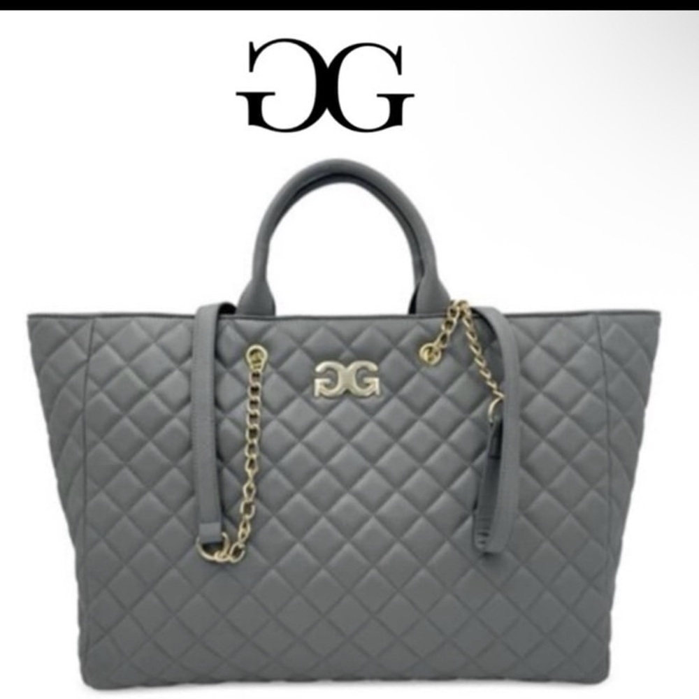 Quilted Grey Tote Bag with Gold Chain Accents